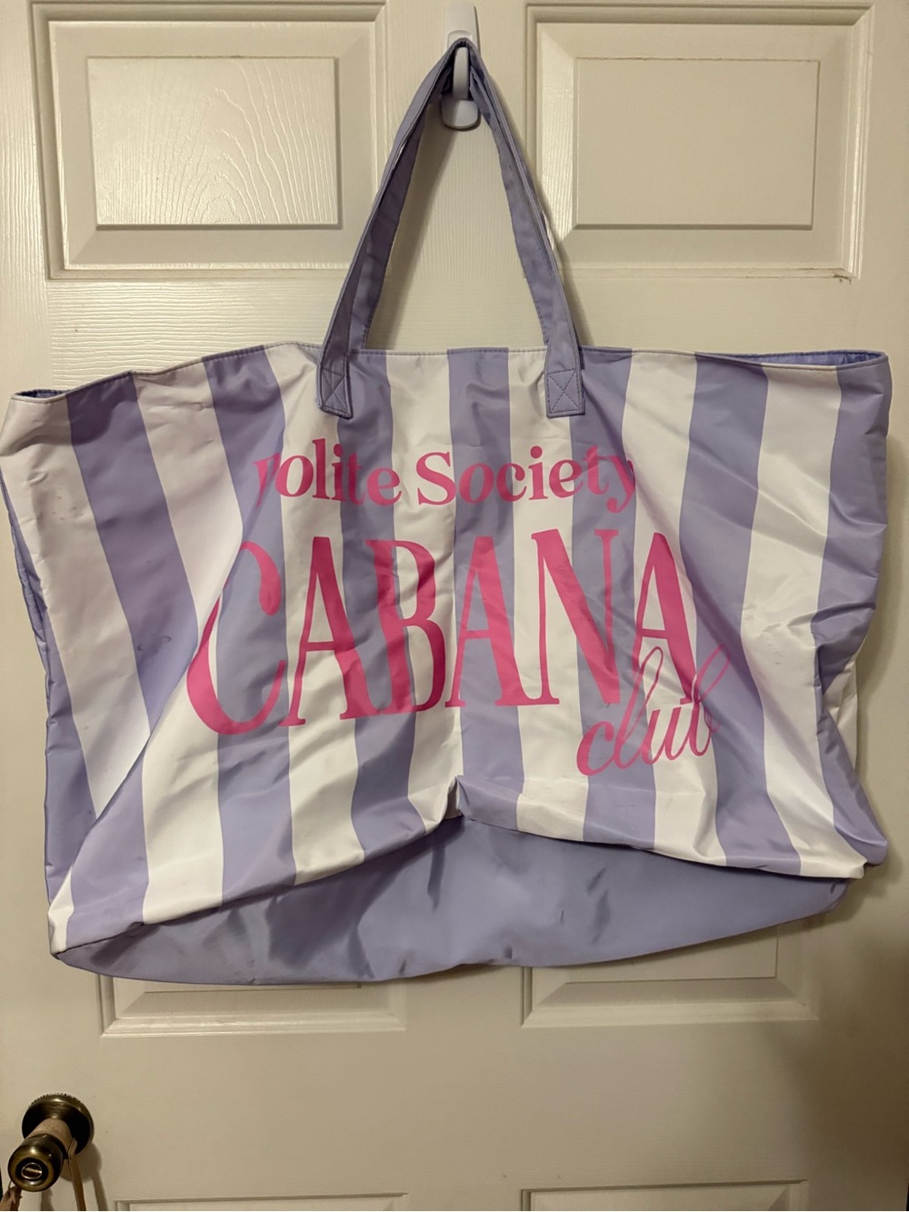 Polite Society Lavender & White Striped Cabana Tote Bag with Pink Logo